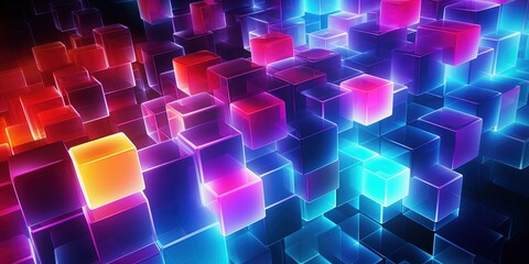 Poster - Abstract background of dynamic neon cubes with bright lights creating a sense of motion