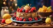 Illustrate a scene of a dessert spread featuring ultra-realistic yummy wafers, complemented by fresh fruits and a drizzle of chocolate or caramel. Capture the vibrant colors-AI Generative