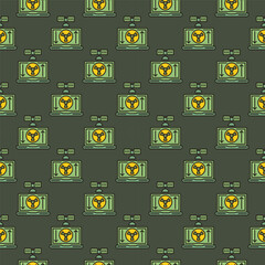Poster - Laptop with Radiation symbol on screen connected with Satellite vector colored seamless pattern