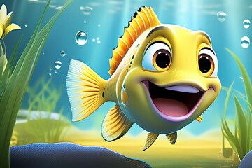 A cute happy yellow fish smiling, a cartoon image