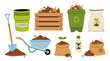 Set of cartoon flat icons. Organic composting theme. Garden tools, bag of compost, ground, food garbage. Illustration of bio, organic fertilizer, compost bin and box, agronomy. wheelbarrow and worms