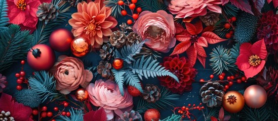 Sticker - A collection of festive Christmas decorations and colorful flowers arranged neatly on a vibrant blue background. The decorations include ornaments, ribbons, and lights, creating a cheerful and