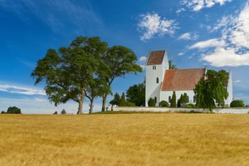 Wall Mural - Old traditional church or chapel in wheat field in summer