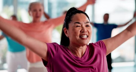 Canvas Print - Fitness, Asian woman and senior people in class for exercise, training and cardio workout in gym studio. Sports, retirement and elderly men and women for wellness, healthy body and pilates club