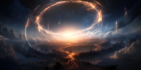Wall Mural - A mesmerizing visual of electric energy forming a circular ring with intense lightning sparks against a muted backdrop