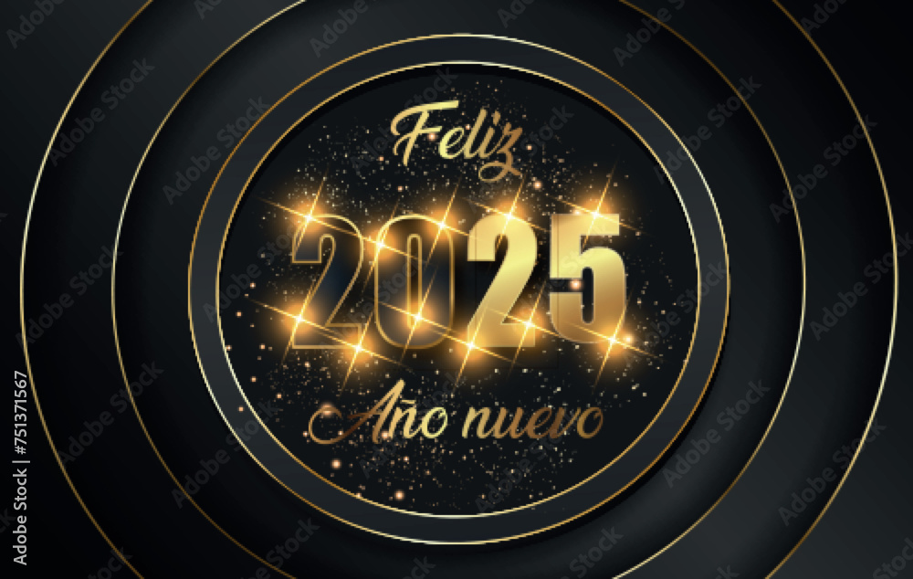Vector de Stock tarjeta o pancarta para desear un feliz año nuevo 2025 en dorado y negro con