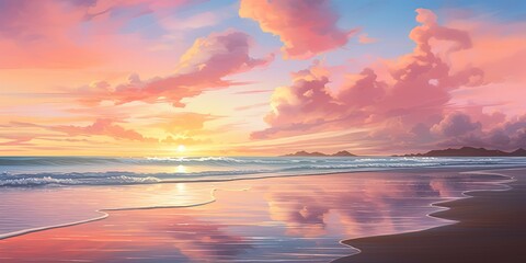 Wall Mural - A breathtaking sunset with pink clouds over a tranquil beach with gentle waves and reflective sands