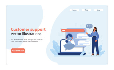 Poster - woman guiding towards online customer support.