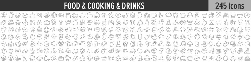 Food, Cooking and Drinks linear icon collection. Big set of 245 Food, Cooking and Drinks icons. Thin line icons collection. Vector illustration