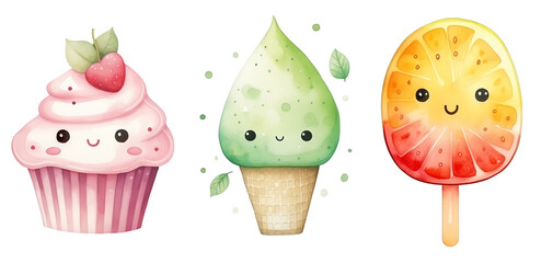 Wall Mural - Watercolor illustration of cute, smiling desserts: cupcake, ice cream and popsicle, isolated on white background.