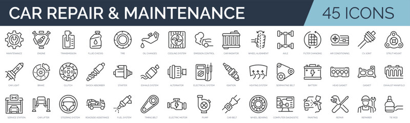 Wall Mural - Set of 45 outline icons related to vehicle repair and maintenance. Linear icon collection. Editable stroke. Vector illustration