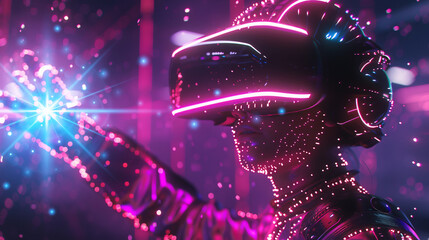 Wall Mural - VR glasses. Man touches a holographic interface while wearing a VR headset amidst a field of radiant neon lights. Suggesting futuristic technology.