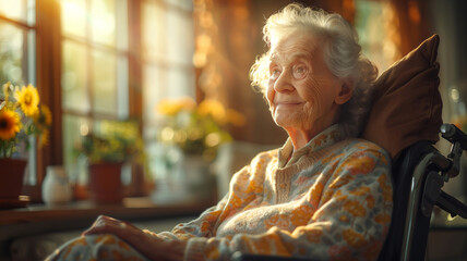 Happy senior woman in wheelchair in the room