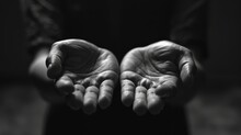 Outstretched Hands In A Plea Or Offering On A Black Background. Black And White Image Of A Person's Cupped Hands In A Giving Gesture.