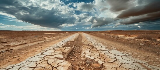 Canvas Print - A cracked dirt road winds its way through the barren landscape of the Lut Desert, also known as the Kalut Desert. The scorching sun beats down on the arid terrain under a cloudy sky.