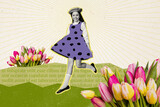 Fototapeta Panele - Banner collage picture of cheerful cute girl dressed dotted print sarafan running filed meadow isolated on drawing background