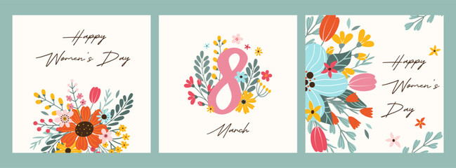 Sticker - Set 3 square greeting cards for Happy Women's Day and 8 March. Abstract hand drawn flower bouquets and handwritten typography. Vector template in flat style for poster, banner, social media.