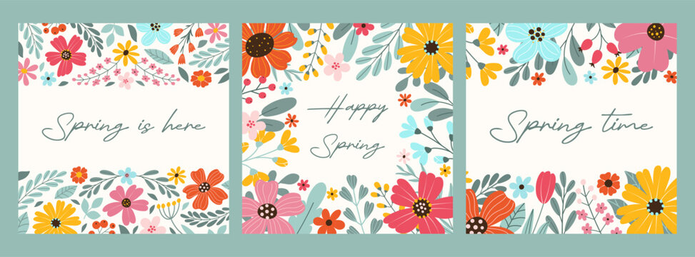 Set 3 square floral cards in flat style for spring or summer design. Abstract colorful drawing flowers and handwritten typography for poster, banner, social media.