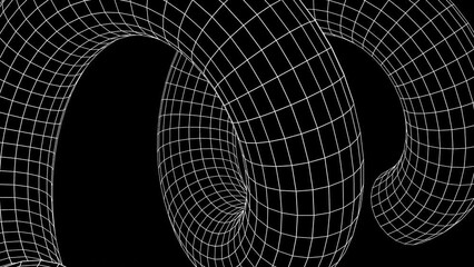 3d abstract wireframe grid neon laser line art white shape. Futuristic retro 80s 90s sci-fi background. Spiral object. Animation 30fps 4k loop