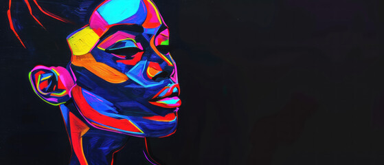 Wall Mural - Neon Geometric Black Woman, Vibrancy and spirit depth, Stark black canvas