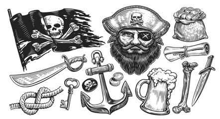 Pirate concept. Sketch illustration. Hand drawn objects engraving style