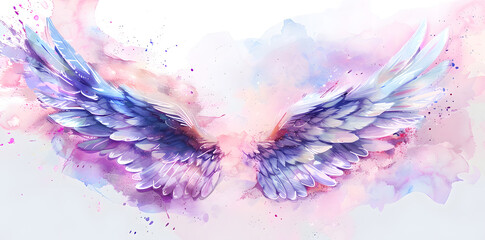 Wall Mural - Soft pastel detailed purple angel wings in watercolor style isolated on white background