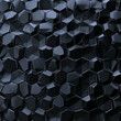 A black background filled with numerous hexagonal shapes in varying sizes, creating an abstract geometric pattern
