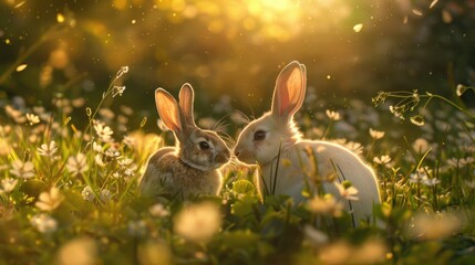 Two rabbits on the green grass.