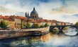 watercolor city illustration panorama