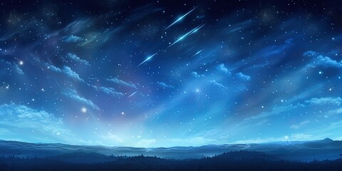 Sticker - Heavenly sky. Sky of shooting stars, meteor shower, wide format background illustration. Space spectacle.