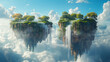 A surreal landscape featuring a floating island with lush greenery and waterfalls cascading down its sides amidst a sky filled with fluffy clouds and soft sunlight.