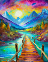 Mountain Landscape Painted In Bright Colors, Wooden Bridge Over The River