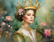 Portrait of a beautiful woman with flowers, wearing a crown
