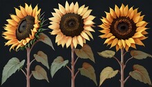Three Sunflowers Isolated On Transparent Background Set Of Elements For Creating Collage Or Design Postcards Invitations