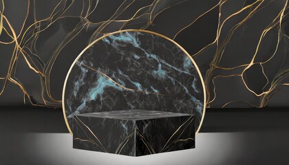 Wall Mural - black marble showcase product background stand or podium pedestal on dark display with luxury backdrops 3d rendering