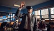 © Anna - A teacher in a suit and tie is using a virtual reality headset, engaging in an immersive experience. He appears focused and attentive as he interacts with the virtual environment