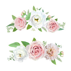 Sticker - Delicate spring flowers bouquet. Floral wreath vector watercolor illustration. Blush pink rose, white lisanthus, dahlia, delicate greenery leaves, eucalyptus branches, seeds. Editable chic element set