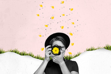 Poster - Collage picture of black white colors guy hold camera take photo fresh flower objective melting snow growing grass isolated on painted background