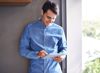 Aufkleber - Man, tablet and online for planning in office, professional and research for startup company. Businessperson, smile and app for information or website, networking and internet for communication