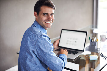 Aufkleber - Office, laptop and portrait of business happy man at desk for working online, planning and website research. Corporate worker, professional and person on computer for internet, project and email