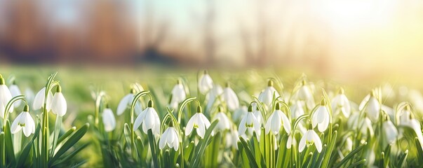 Poster - White fresh snowdrops flower ( Galanthus ) on green meadow in sunny garden . Easter spring background banner panorama