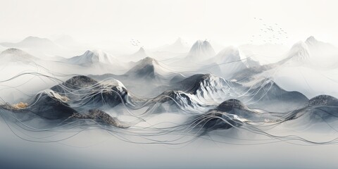 Wall Mural - From above view intricate mountain landscape background in geometrical shapes and wireframe conections