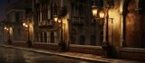 Fototapeta Londyn - A city street at night illuminated by historic Venetian votive shrines repurposed as street lights. The scene displays a unique blend of old-world charm and modern functionality, casting a warm glow