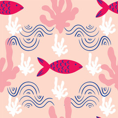 Wall Mural - Marine underwater pattern design background on pale pink