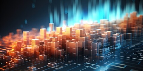 Poster - Rising, flowing, streaming data concept. Metallic colored blocks stacked and rising. Data reallocation. Shallow depth of field