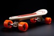 a skateboard with orange wheels