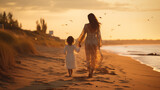 Fototapeta Las - Mother walking with her child along a beach park at sunset