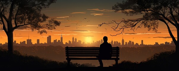 Wall Mural - Silhouette of a person sitting on a park bench overlooking a city skyline at sunset