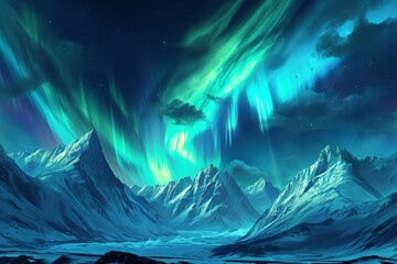 Wall Mural - Mountains and northern lights landscape