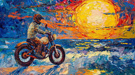 Wall Mural - Van Gogh-style illustration of a biker teenager chasing waves
